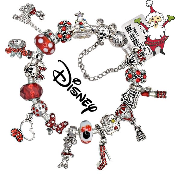 PANDORA BRACELET WITH DISNEY MINNIE 19 RED THEMED CHARMS NEW - Picture 5 of 8